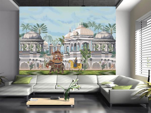 Traditional Indian Mughal emperor, queen, elephant, caravan, palace, architecture, arch, dome, peacock illustration vector - Image 3