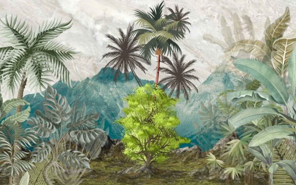 Landscape wallpaper, garden background, exotic trees, tropical plants, mural art.