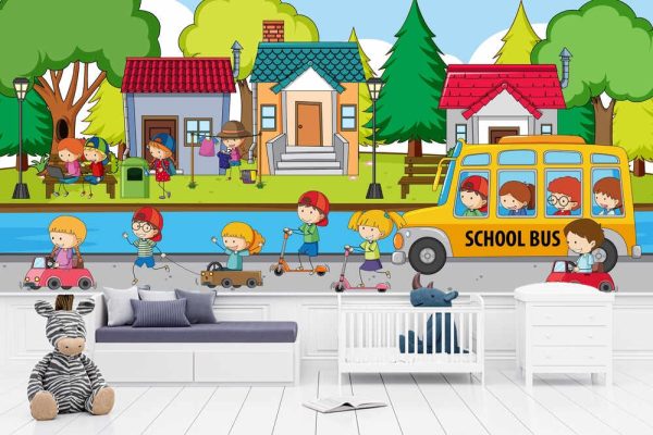Outdoor scene with many kids playing scooter on street illustration - Image 3