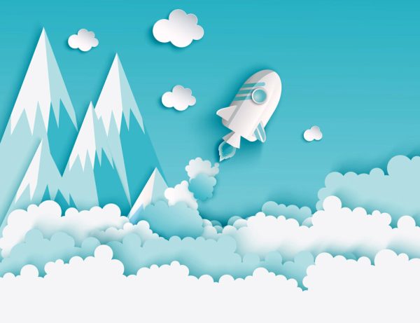 Paper art of space shuttle launch to the sky. Blue sky, paper clouds, mountains. Rocket launch. - Image 2