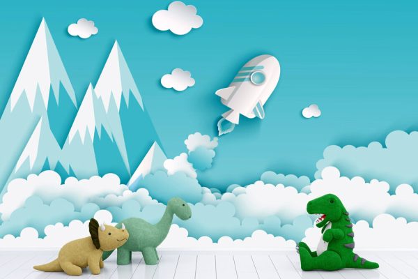 Paper art of space shuttle launch to the sky. Blue sky, paper clouds, mountains. Rocket launch. - Image 3