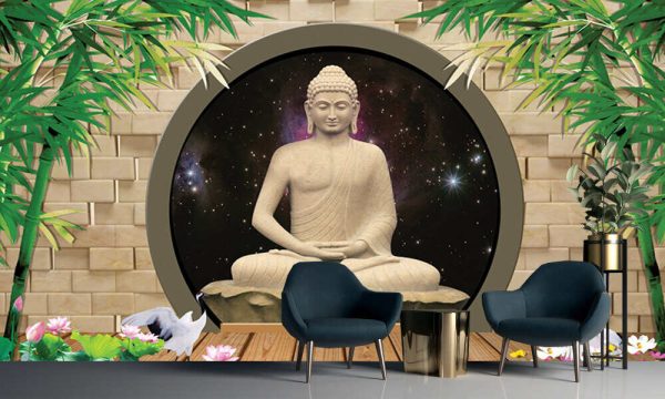 Buddha wallpaper meditating in background galaxy and brick Wall, bamboo. 3d illustration for wall decor.