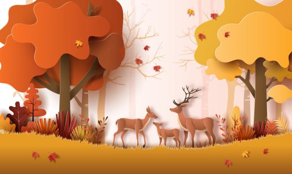 Paper art style of autumn landscape with deer family in a forest, many beautiful trees and leaves. - Image 2