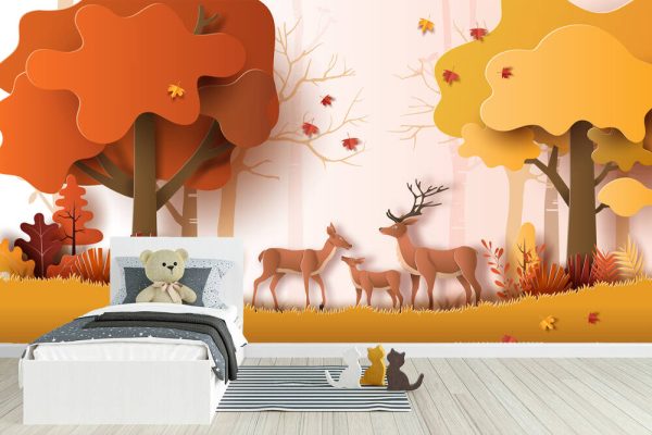 Paper art style of autumn landscape with deer family in a forest, many beautiful trees and leaves. - Image 3