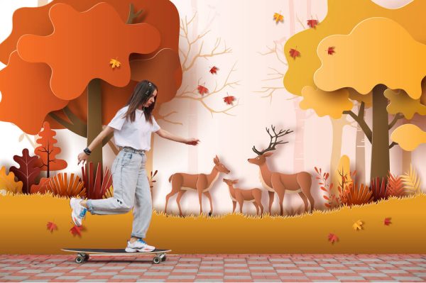 Paper art style of autumn landscape with deer family in a forest, many beautiful trees and leaves.