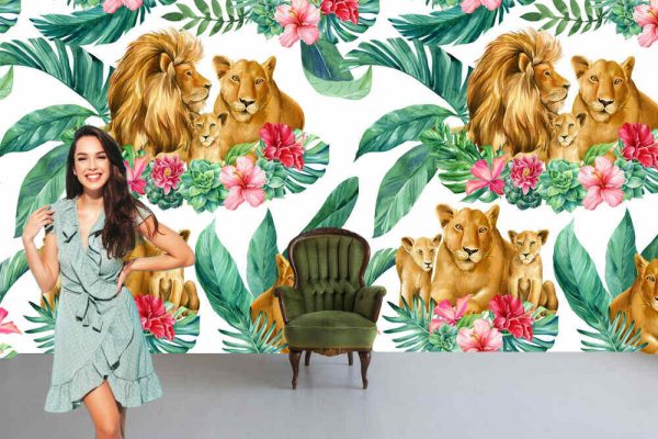 Watercolour tropical animals, lion and lioness, seamless pattern for wallpaper or fabric. Palm leaves, family of lions - Image 3