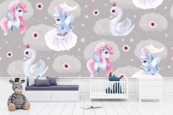 Pattern print unicorn fairy swan watercolour poster girl room decor wallpaper