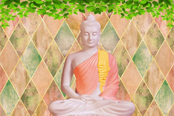 Buddha with abstract background and green leaves with golden yellow texture - Image 2