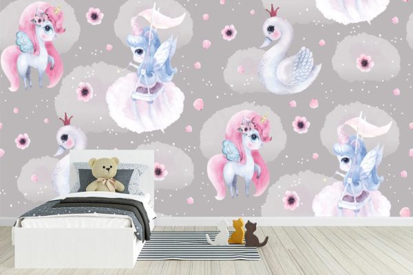 Pattern print unicorn fairy swan watercolour poster girl room decor wallpaper - Image 3