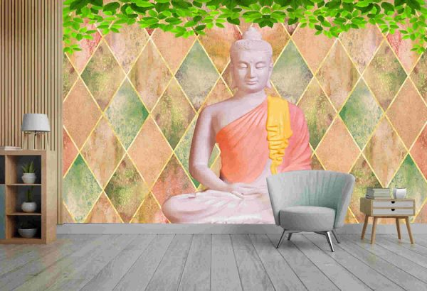 Buddha with abstract background and green leaves with golden yellow texture