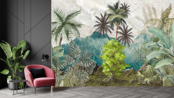 Landscape wallpaper, garden background, exotic trees, tropical plants, mural art. - Image 2