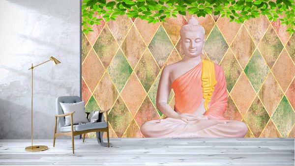 Buddha with abstract background and green leaves with golden yellow texture - Image 3