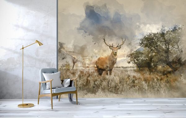 Watercolour painting of Beautiful red deer stag in countryside landscape scene looking out into distance concept image - Image 3
