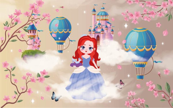 Princess 3D baby wallpaper with hot air balloons, castle and cherry blossom for photo mural