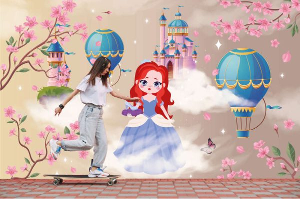 Princess 3D baby wallpaper with hot air balloons, castle and cherry blossom for photo mural - Image 2