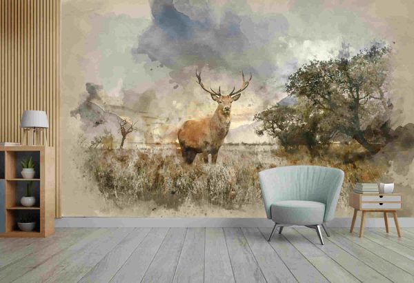 Watercolour painting of Beautiful red deer stag in countryside landscape scene looking out into distance concept image