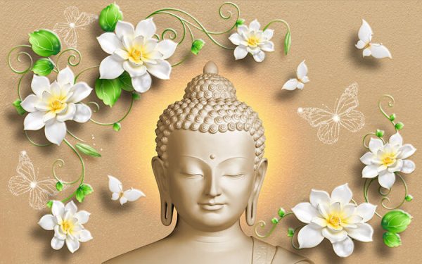 Buddha with white flowers and butterfly wallpaper - Image 2