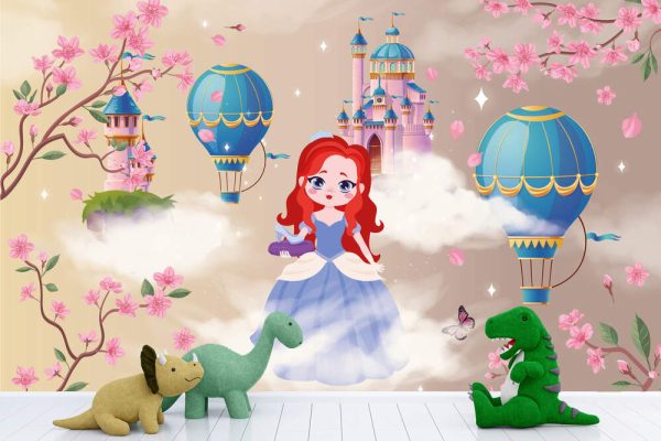 Princess 3D baby wallpaper with hot air balloons, castle and cherry blossom for photo mural - Image 3