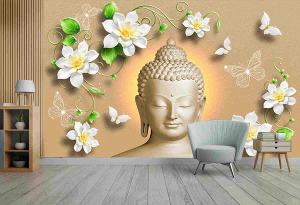 Buddha with white flowers and butterfly wallpaper