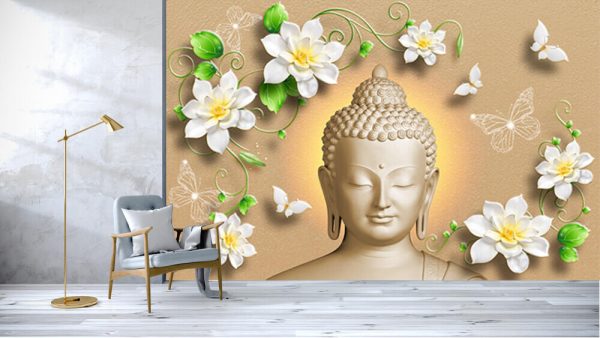 Buddha with white flowers and butterfly wallpaper - Image 3