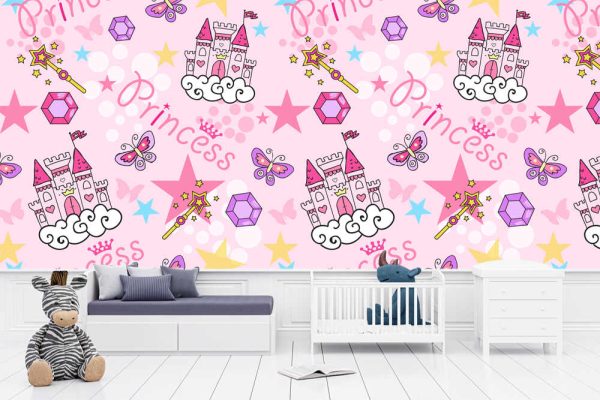 Princess Seamless Pattern for textile with castle, crown, butterfly, stars, diamond. Abstract seamless pattern for girls. - Image 3