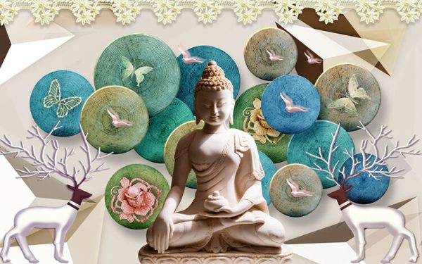 Buddha with wood background with butterfly and birds - Image 2