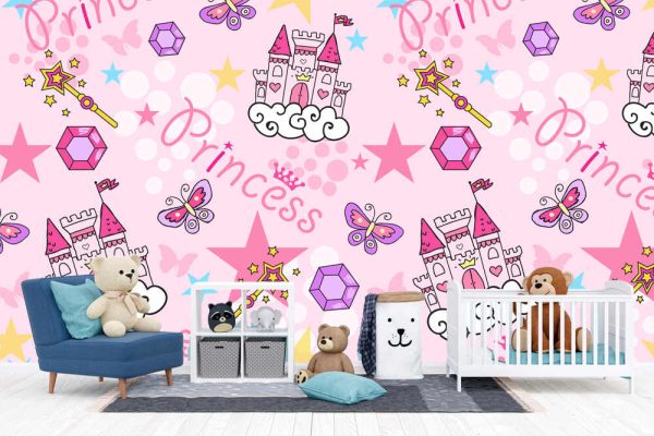 Princess Seamless Pattern for textile with castle, crown, butterfly, stars, diamond. Abstract seamless pattern for girls.