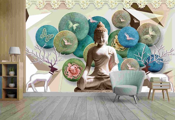 Buddha with wood background with butterfly and birds