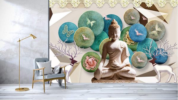 Buddha with wood background with butterfly and birds - Image 3