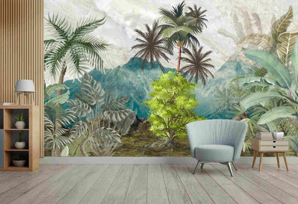 Landscape wallpaper, garden background, exotic trees, tropical plants, mural art. - Image 3
