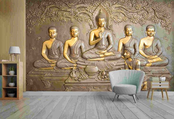 Buddha wooden carving.Mural paintings tell the story about the Buddha's history