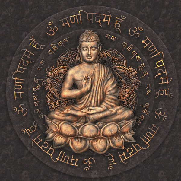 Gautama Buddha against the background of the mantra is Om mani padme hum, performed in Sanskrit and Tibetan languages. Digital art collage combined with watercolor.jpg.jpg