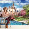 3d image of fairy-tale castle with a pond and swans, a bridge and dense vegetation, a rainbow in the sky 3d rendering - Image 2