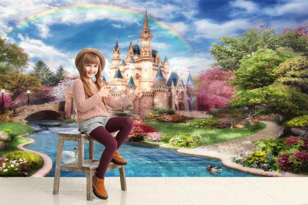 3d image of fairy-tale castle with a pond and swans, a bridge and dense vegetation, a rainbow in the sky 3d rendering - Image 2
