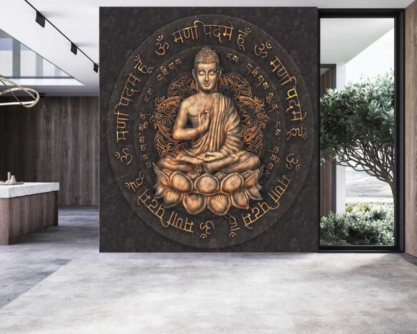 Gautama Buddha against the background of the mantra is Om mani padme hum, performed in Sanskrit and Tibetan languages. Digital art collage combined with watercolor.jpg.jpg - Image 2