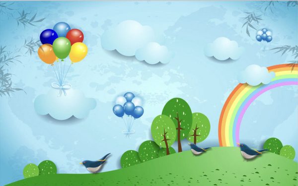 Blue Kids's Room Cartoon Grass Rainbow Balloon Clouds Tree Background Wallpaper - Image 2