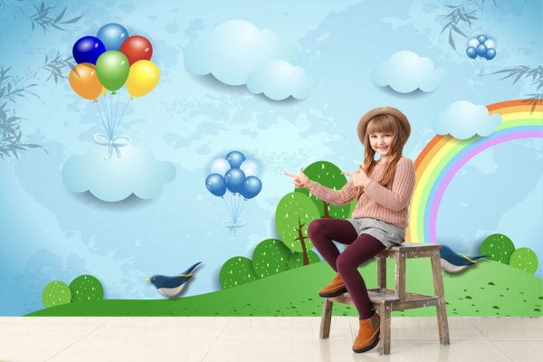 Blue Kids's Room Cartoon Grass Rainbow Balloon Clouds Tree Background Wallpaper - Image 3