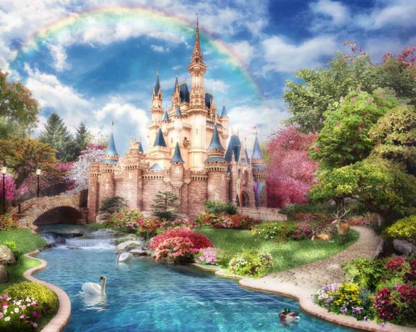 3d image of fairy-tale castle with a pond and swans, a bridge and dense vegetation, a rainbow in the sky 3d rendering - Image 3