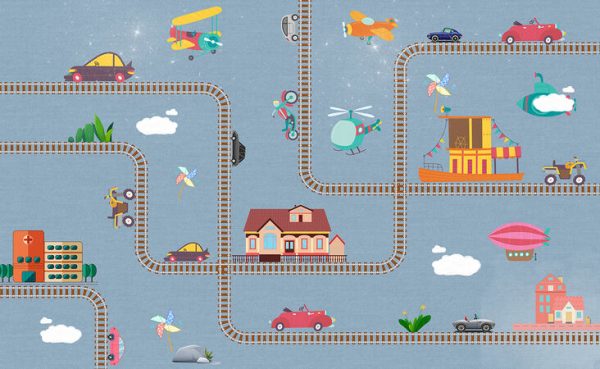 Cartoon Cars, Train Tracks, Children's Room, Cute Background Wall - Image 2