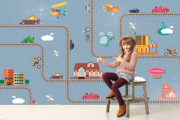 Cartoon Cars, Train Tracks, Children's Room, Cute Background Wall - Image 3