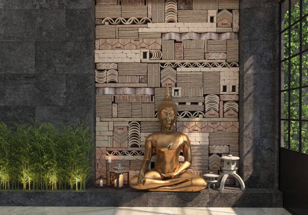 Home decor with a gold statue of Buddha against a black wall with an ethnic pattern of stones - Image 2