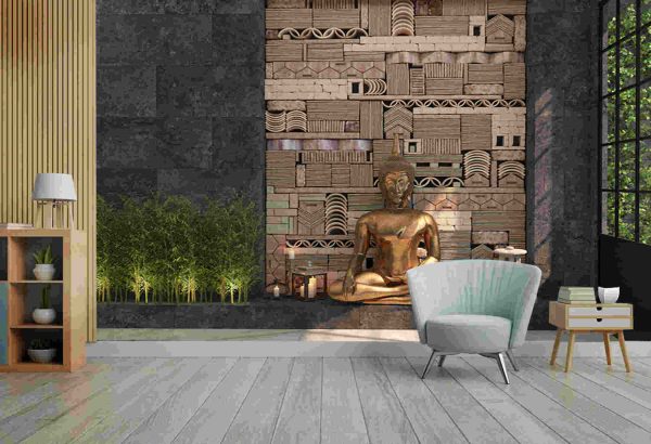 Home decor with a gold statue of Buddha against a black wall with an ethnic pattern of stones