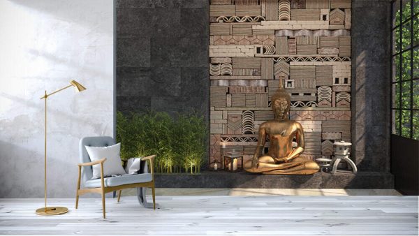 Home decor with a gold statue of Buddha against a black wall with an ethnic pattern of stones - Image 3