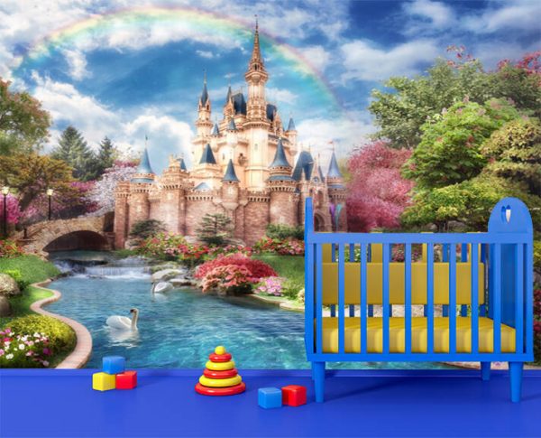 3d image of fairy-tale castle with a pond and swans, a bridge and dense vegetation, a rainbow in the sky 3d rendering