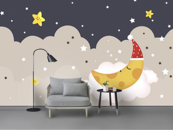 Cartoon Golden Moon Expression Stars Kids Wallpaper - Image 2