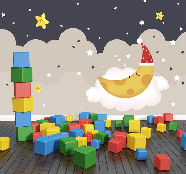 Cartoon Golden Moon Expression Stars Kids Wallpaper