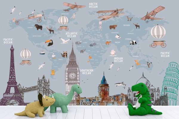 Animals world map and famous landmarks of the world for kids wallpaper design - Image 3