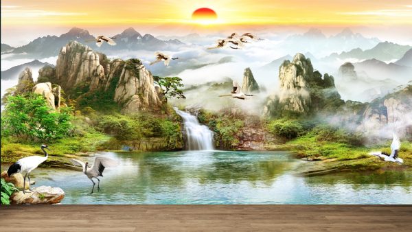 3d wallpaper Landscape painting sunrise wallpaper for home - Image 3