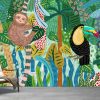 Abstract jungle background! Vector illustrations of animals (sloth, snake, leopard, parrot toucan), leaves, spots, objects and textures. wallpaper for walls - Image 2