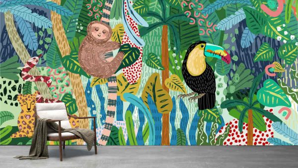 Abstract jungle background! Vector illustrations of animals (sloth, snake, leopard, parrot toucan), leaves, spots, objects and textures. wallpaper for walls - Image 2